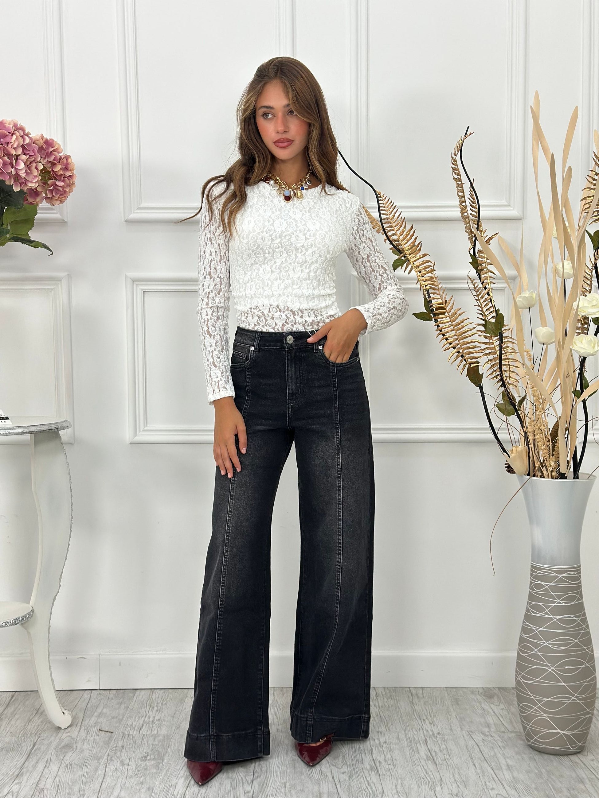 Jeans Palazzo Black Grey 8564