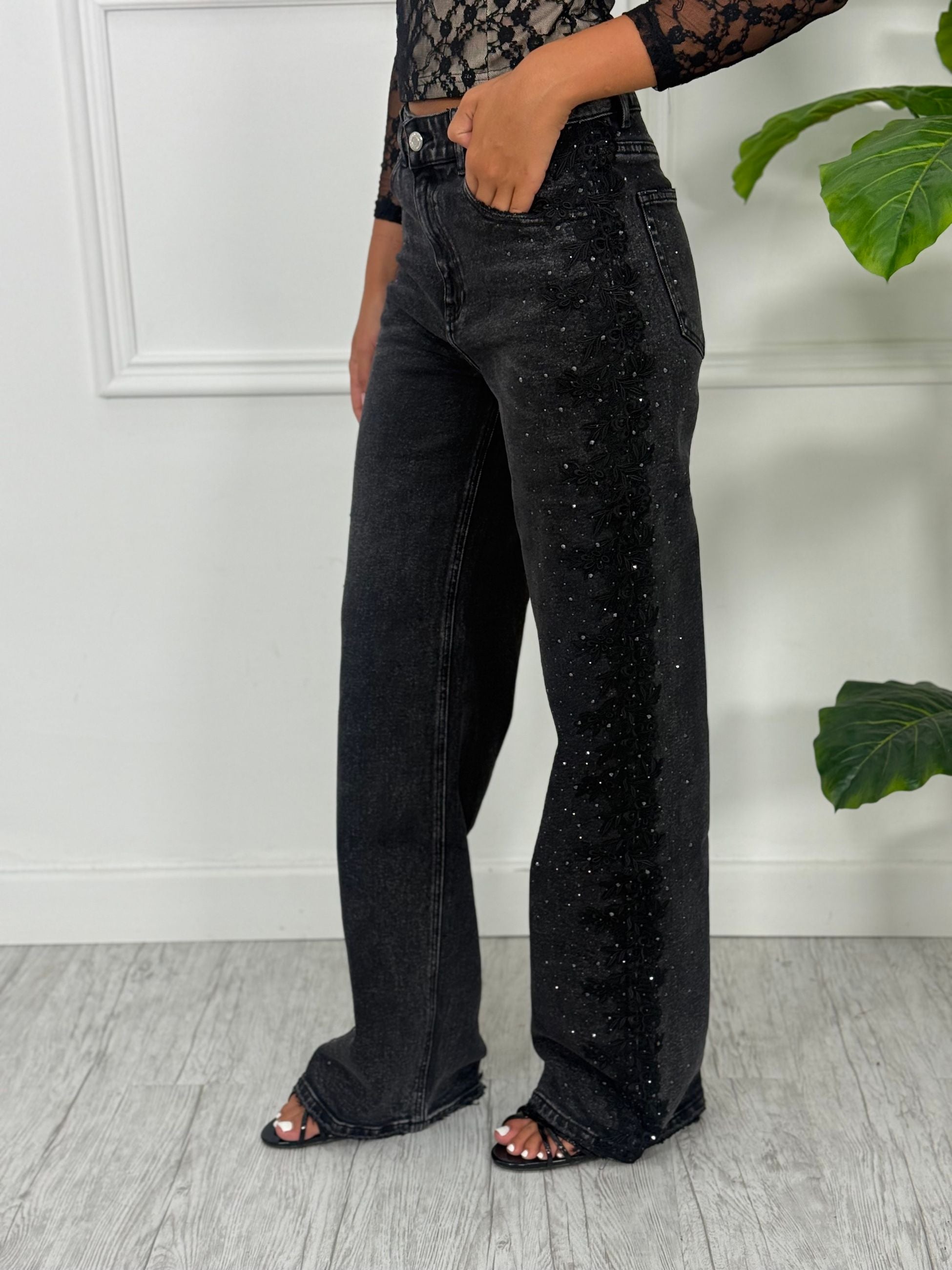 Jeans Palazzo Black Gray H5056