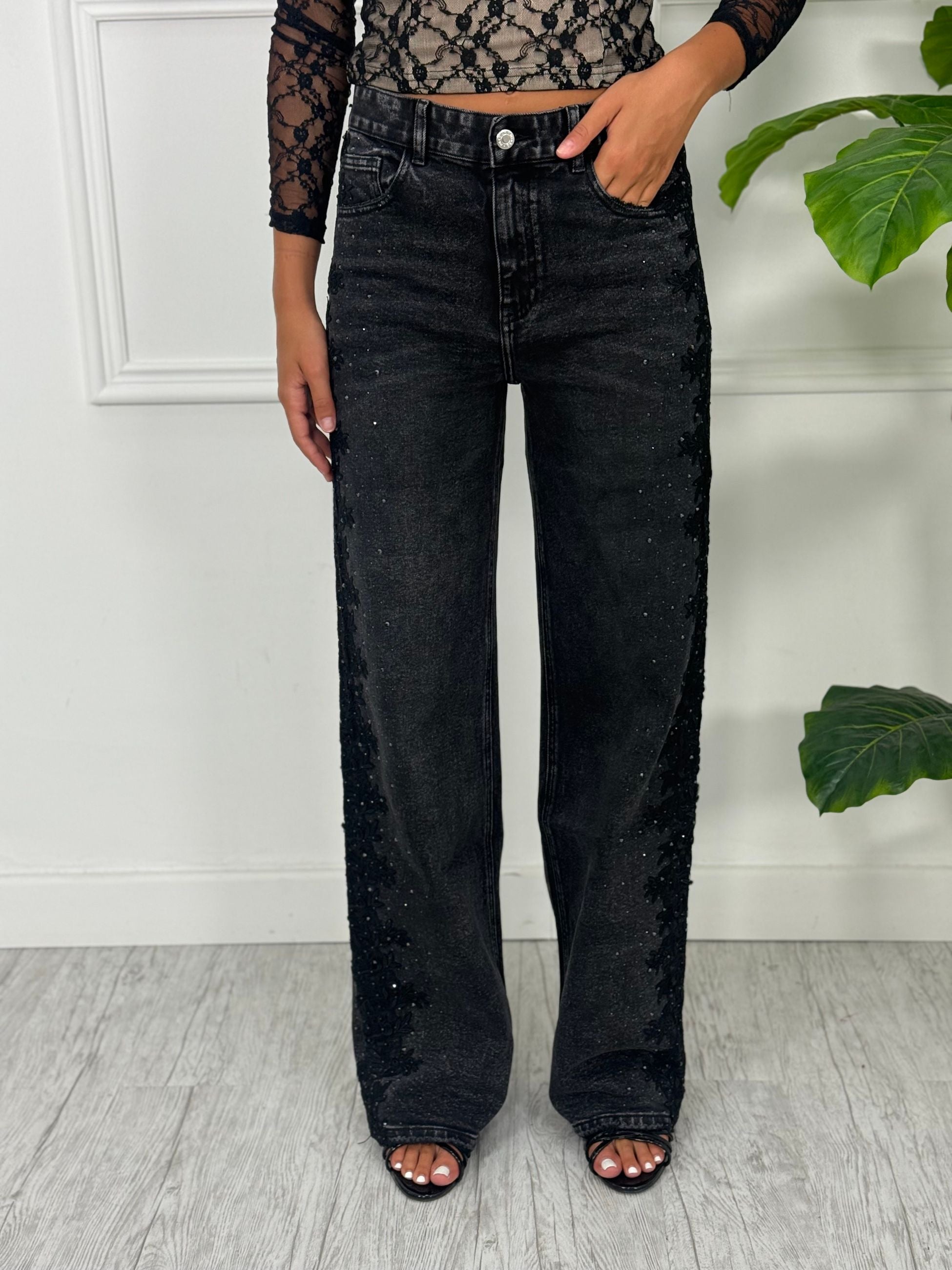 Jeans Palazzo Black Gray H5056