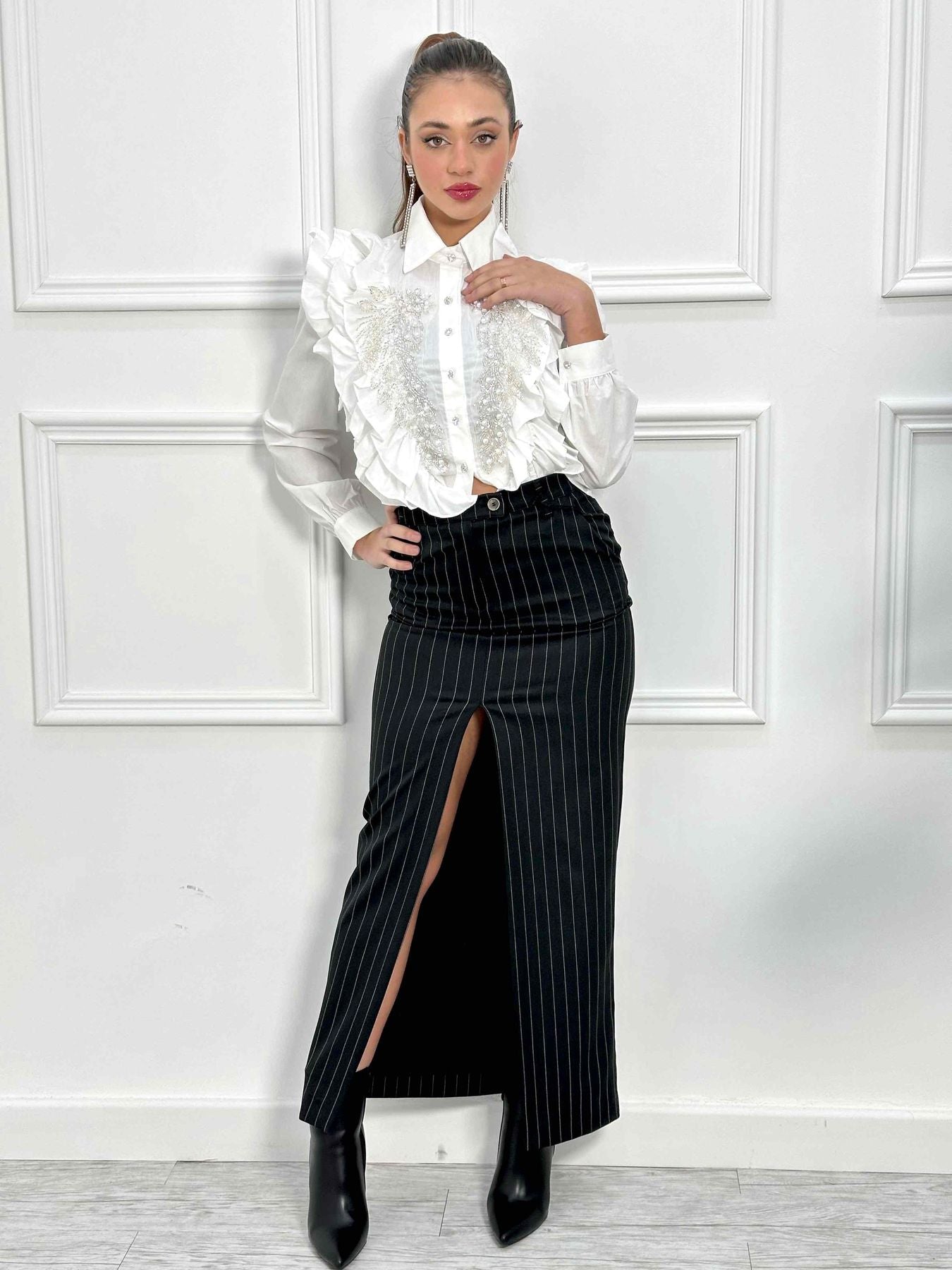 Gonna lunghetta vita alta a rigo di gesso VCT30