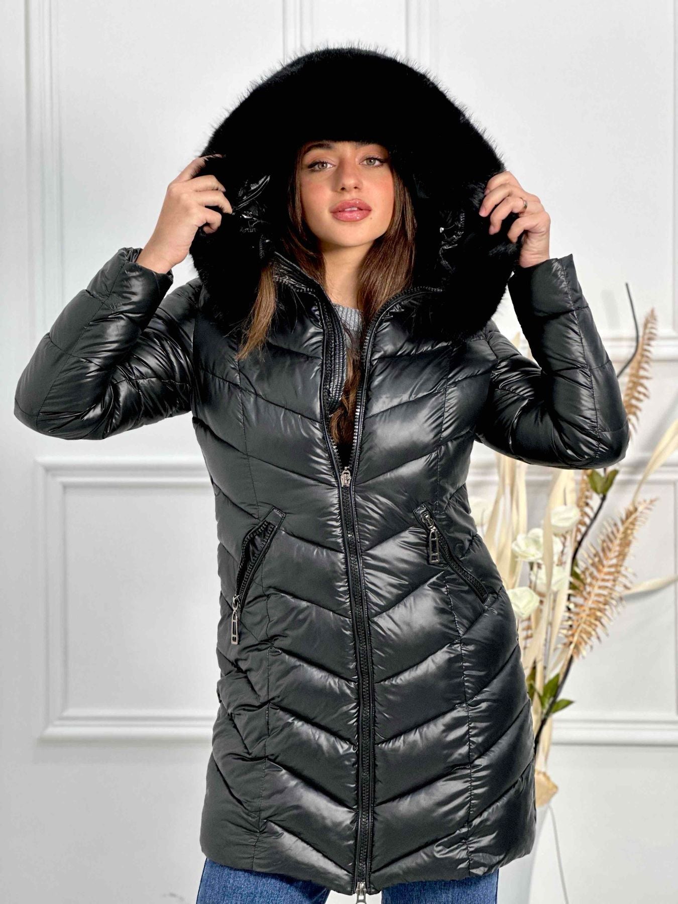 Giubbotto lungo con cappuccio e pelliccia ecofour removibile MB0252